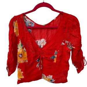Free People Love To Love Sz S Red Floral Sheer Cinch Peasant Blouse Top Boho‎